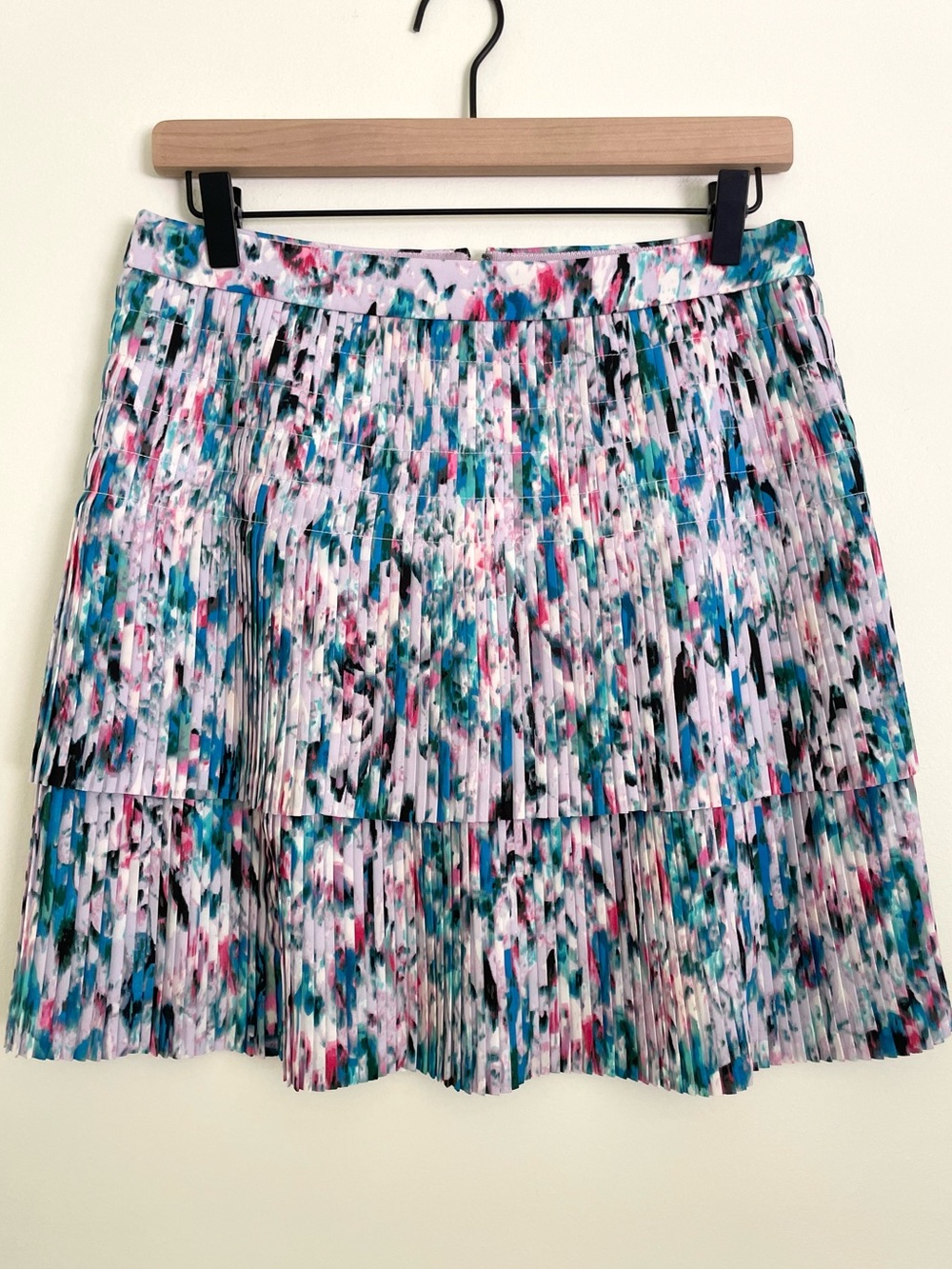 J. Crew Tiered Watercolor Pleated Mini Skirt - Pink, Teal & Black